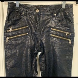 Black & Navy Shiny Leather Look Zipper Pants